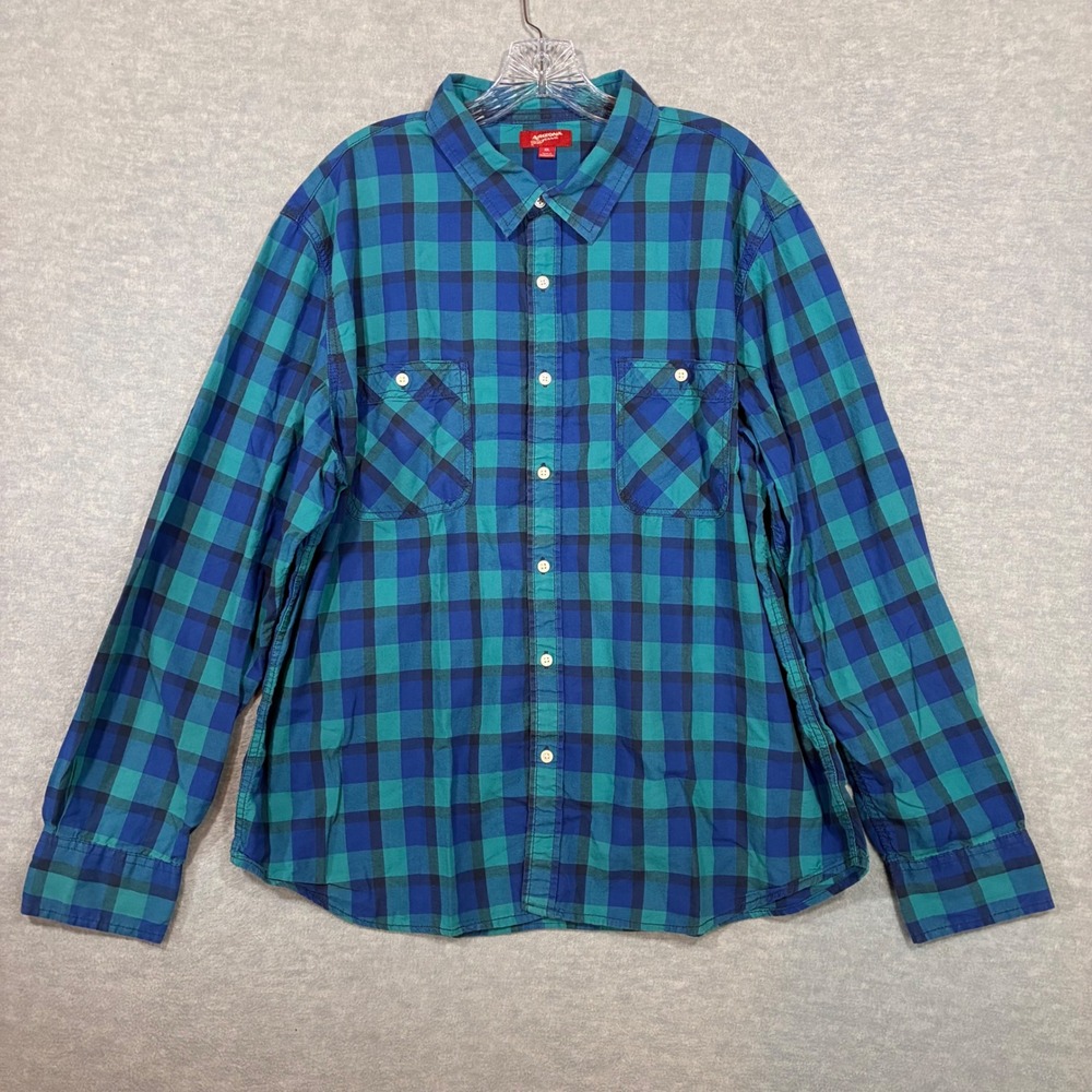 Arizona Jean Co Mens XXL Plaid Button Down Shirt Blue Teal Cotton Long Sleeve